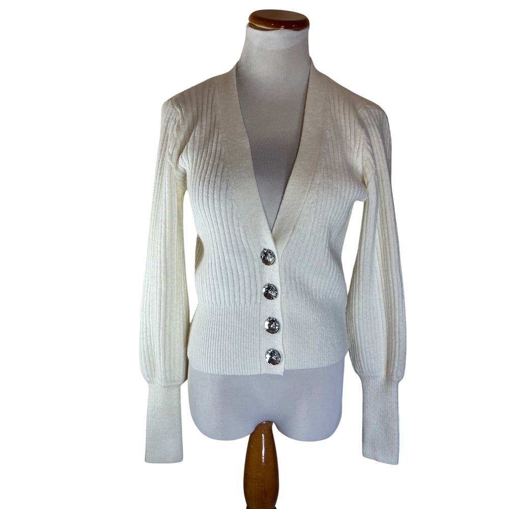 Stella + Lorenzo Cream Ribbed‎ Button Front Cardigan Cream Crystal Buttons XS